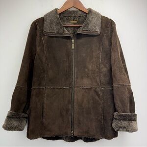 Winlit size Medium Women’s Brown Suede Leather Faux Fur Lining Full Zip Jacket